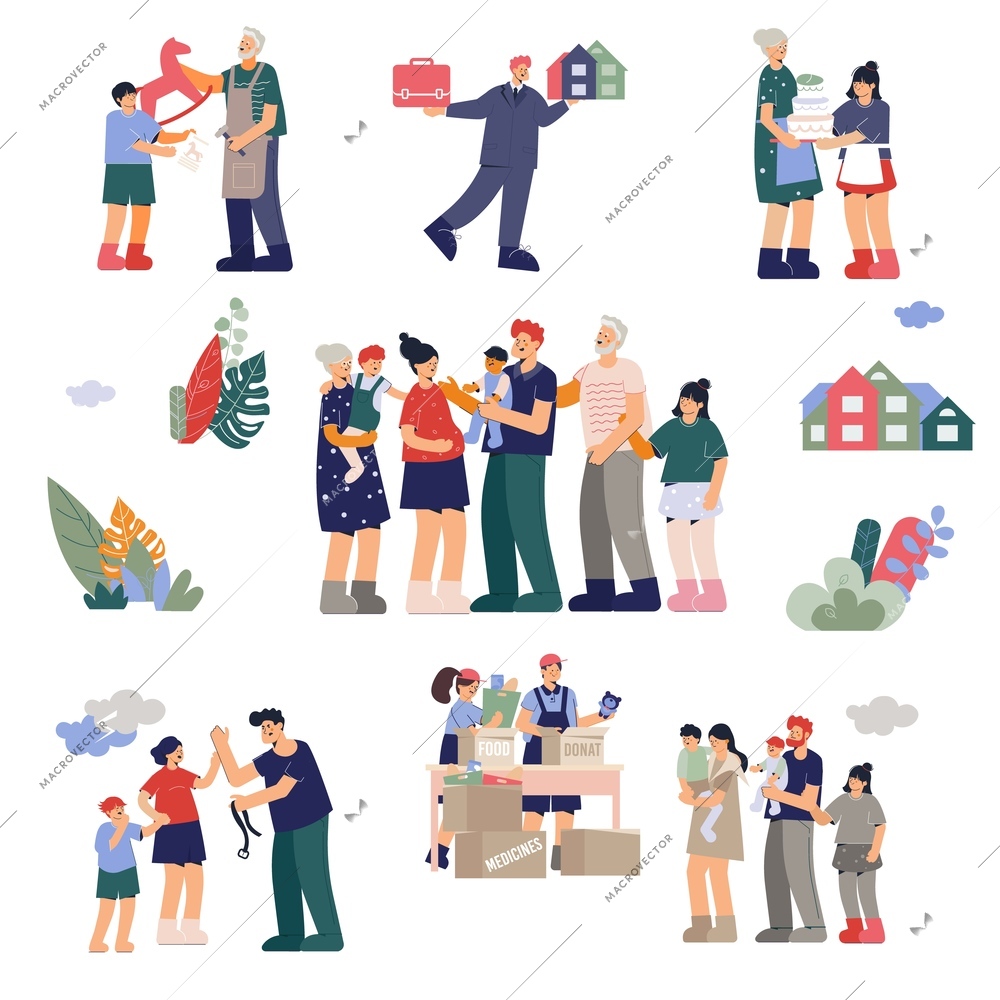 Family set with flat compositions of doodle human characters of family members with kids and grandparents vector illustration