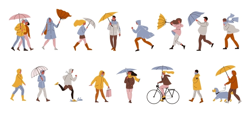 People walking with umbrella set of isolated human characters wearing water repellent clothes with dogs bicycles vector illustration
