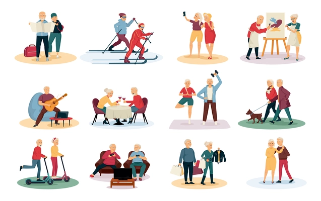 Set of elderly people human characters during leisure activities doing sports playing music shopping and dancing vector illustration