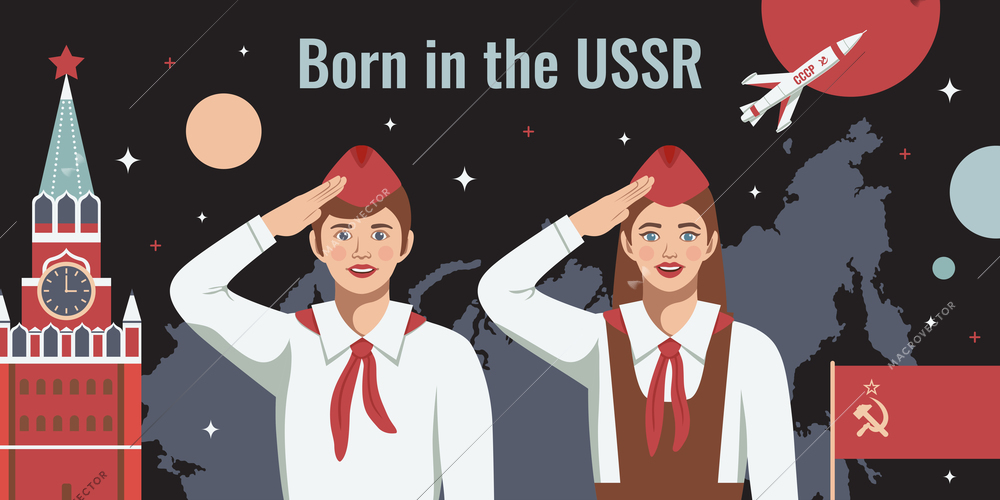 Ussr horizontal composition of text and soviet flag with kremlin tower flying rocket and young pioneers with text "born in USSR" vector illustration