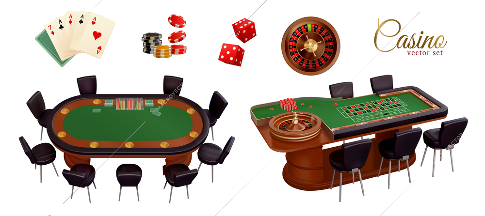 Casino realistic set of poker or black jack and roulette tables chips cards and dices isolated vector illustration