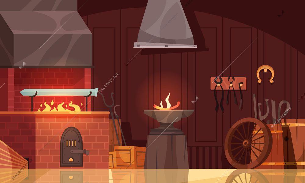 Blacksmith workshop interior view with custom made sword blade in forge with bright orange flame cartoon illustration