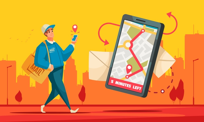 Post office mail delivery service cartoon background composition postman displaying recipients location on smartphone screen vector illustration