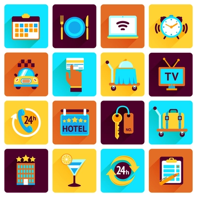 Hotel booking perfect services flat icons set with bell food luggage isolated vector illustration