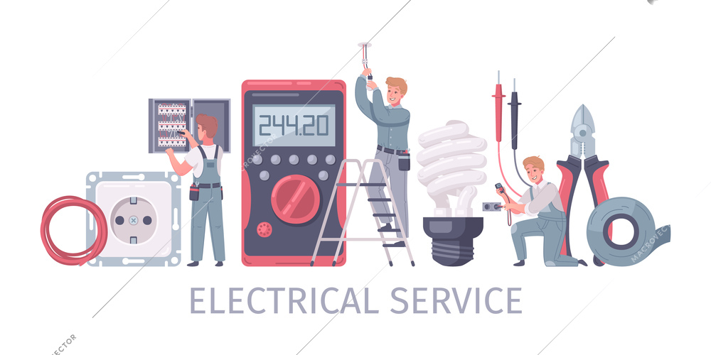 Electrician cartoon composition of text and human characters of repairmen with power socket tape and lamp vector illustration