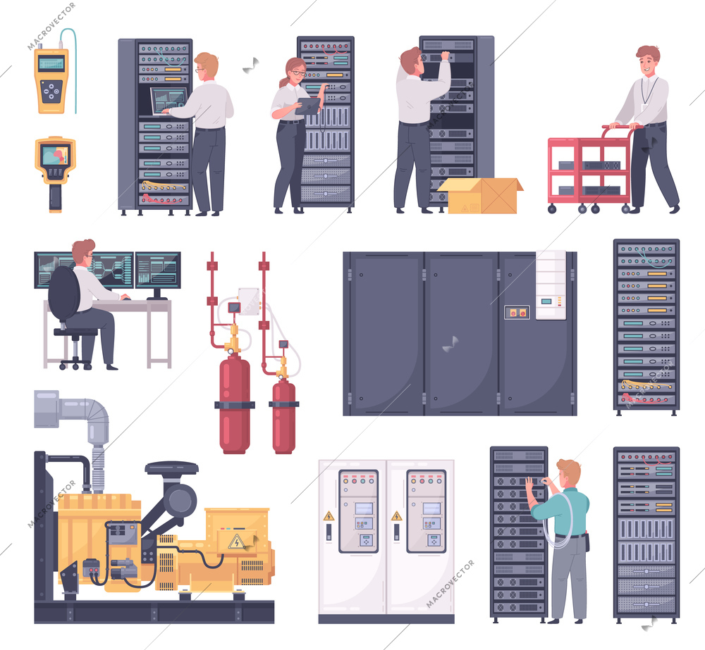 Datacenter cartoon set with isolated icons of server racks cabinets and cooling system with technician characters vector illustration