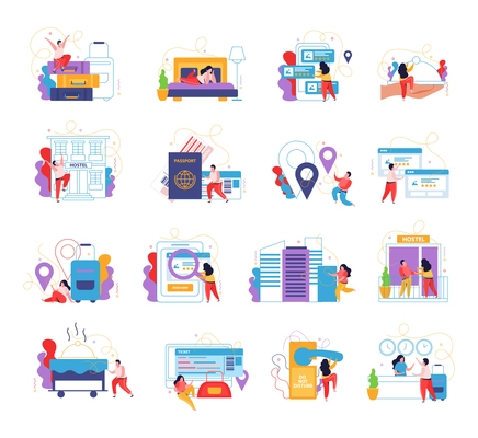 Hostel and tourists 4x4 flat icons with backpackers guesthouse buildings and elements of hotel interior vector illustration