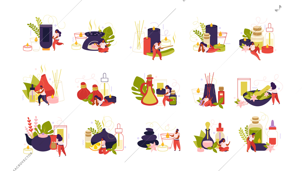 Ayurvedic alternative medicine, flat color set of people using relaxation resting and aromatherapy isolated vector illustration