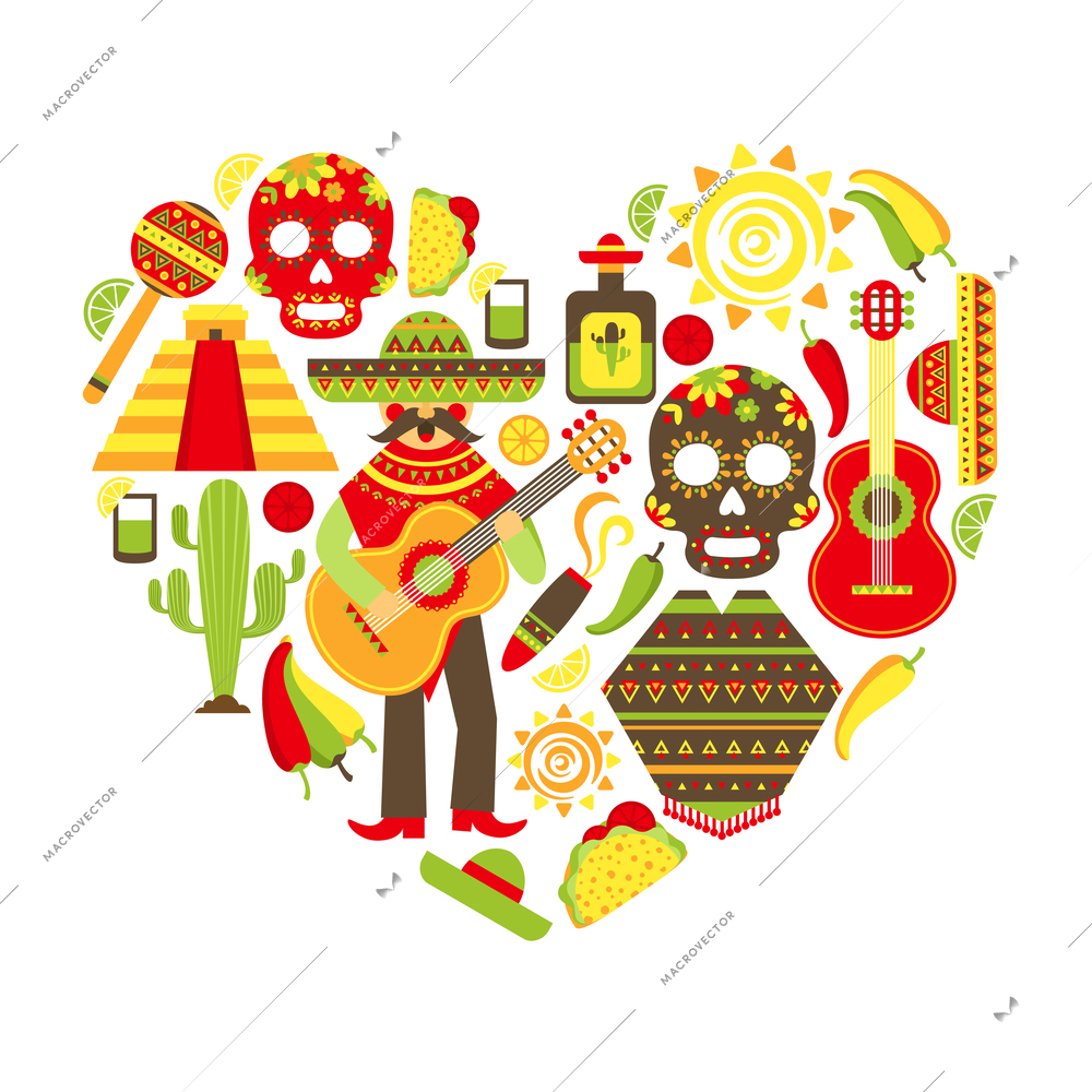 Mexico travel traditional symbols decorative icon set in heart shape vector illustration