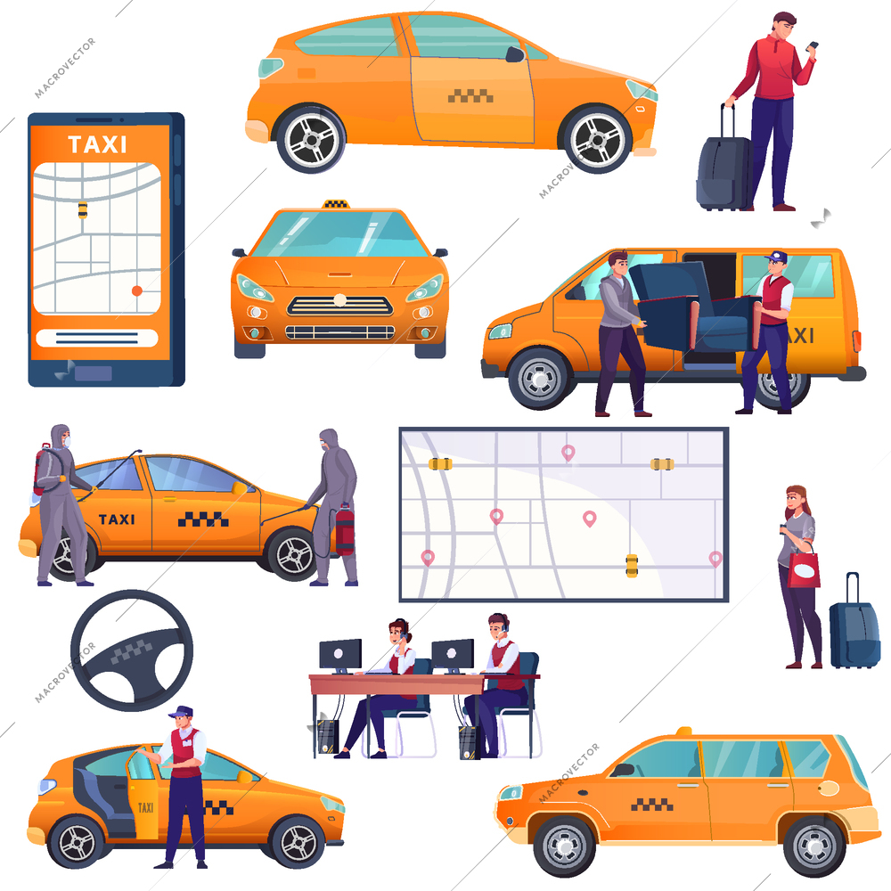 Small icons about taxi service situations on white background set flat vector illustration