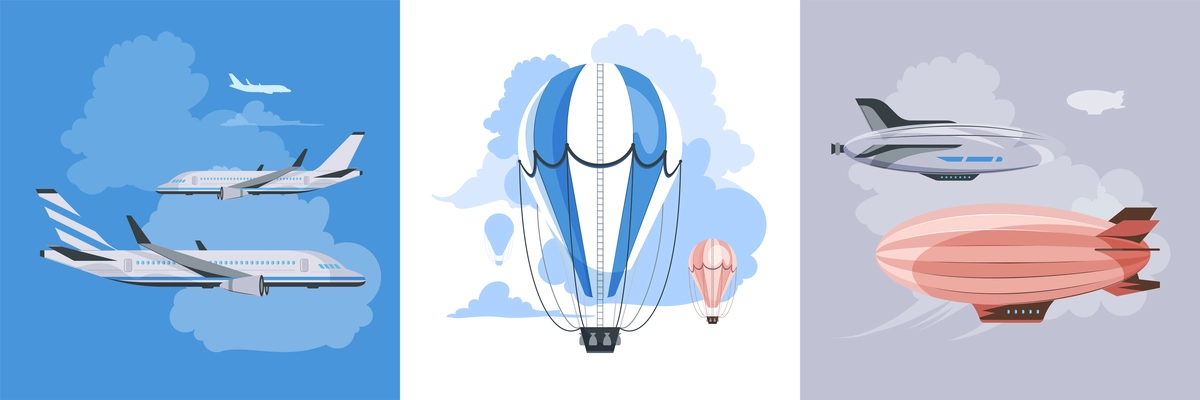 Air transport 3 square banners Airplanes, aerostats and airships in the clouds flat vector illustration