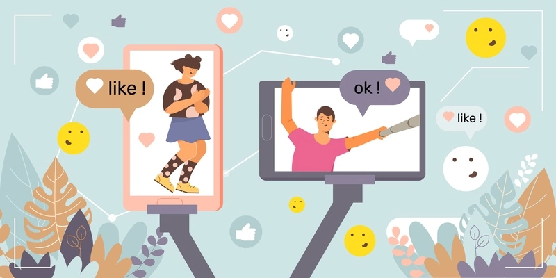 Flowchart boy and girl take selfies and post it on the blog flat vector illustration