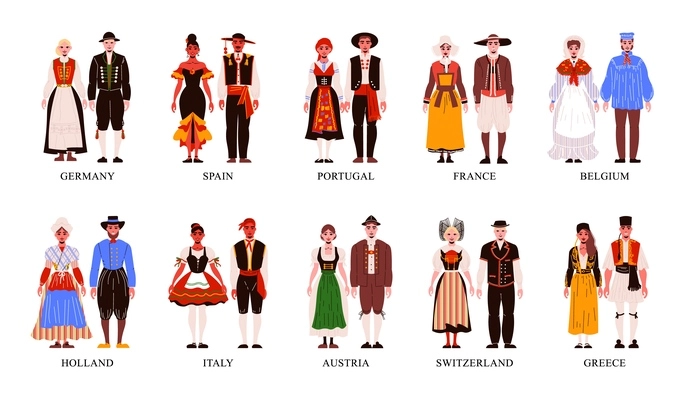 Flat icons set with people from different european countries in national clothes isolated vector illustration