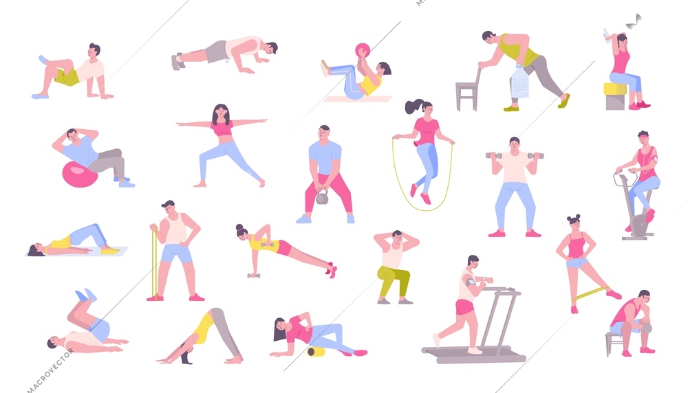 Home sport set of flat icons with isolated human characters of people with gymnastic apparatus images vector illustration