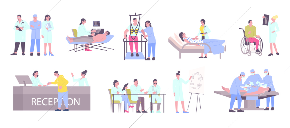 Hospital set of flat compositions with doodle human characters of patients and medical specialists at work vector illustration