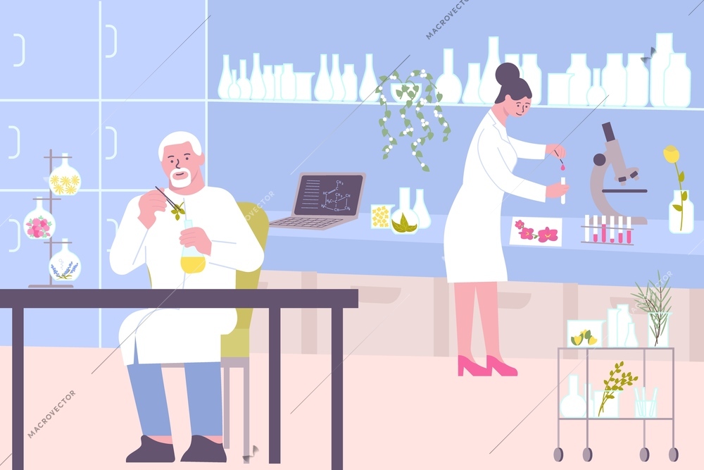 Cosmetics laboratory flat composition with indoor scenery and characters of chemists performing research tests of aromas vector illustration