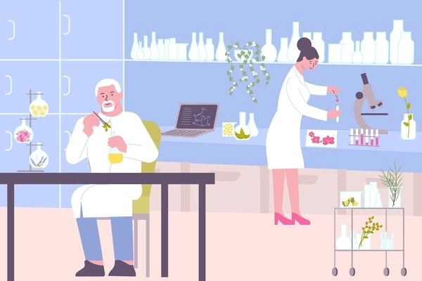 Cosmetics laboratory flat composition with indoor scenery and characters of chemists performing research tests of aromas vector illustration