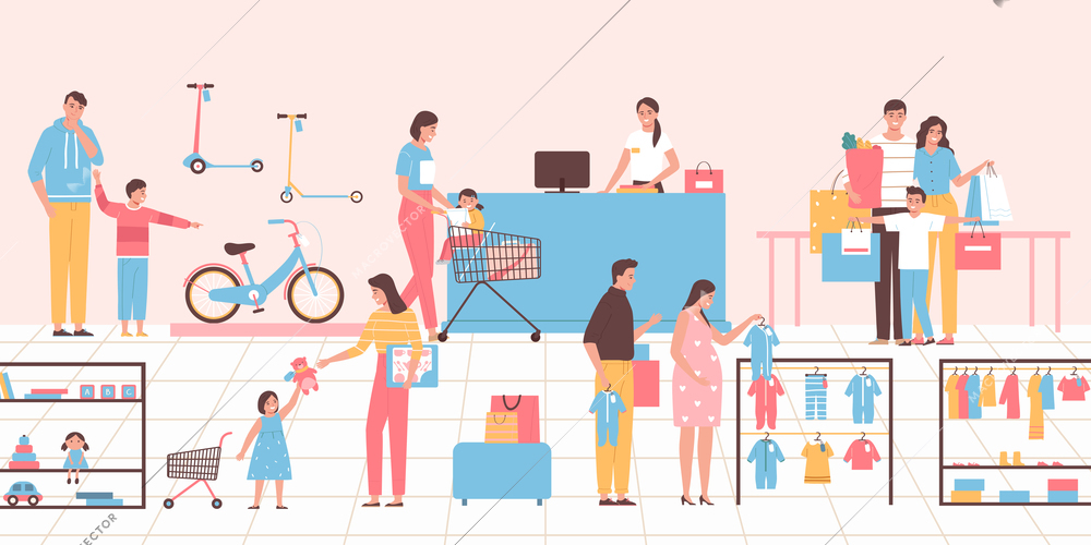 Families with kids buying goods at children store flat vector illustration