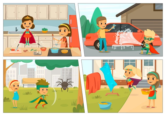 Kids superheroes cartoon colored icon set children in costumes help cook wash the car rescue from adversity and help stir the laundry vector illustration