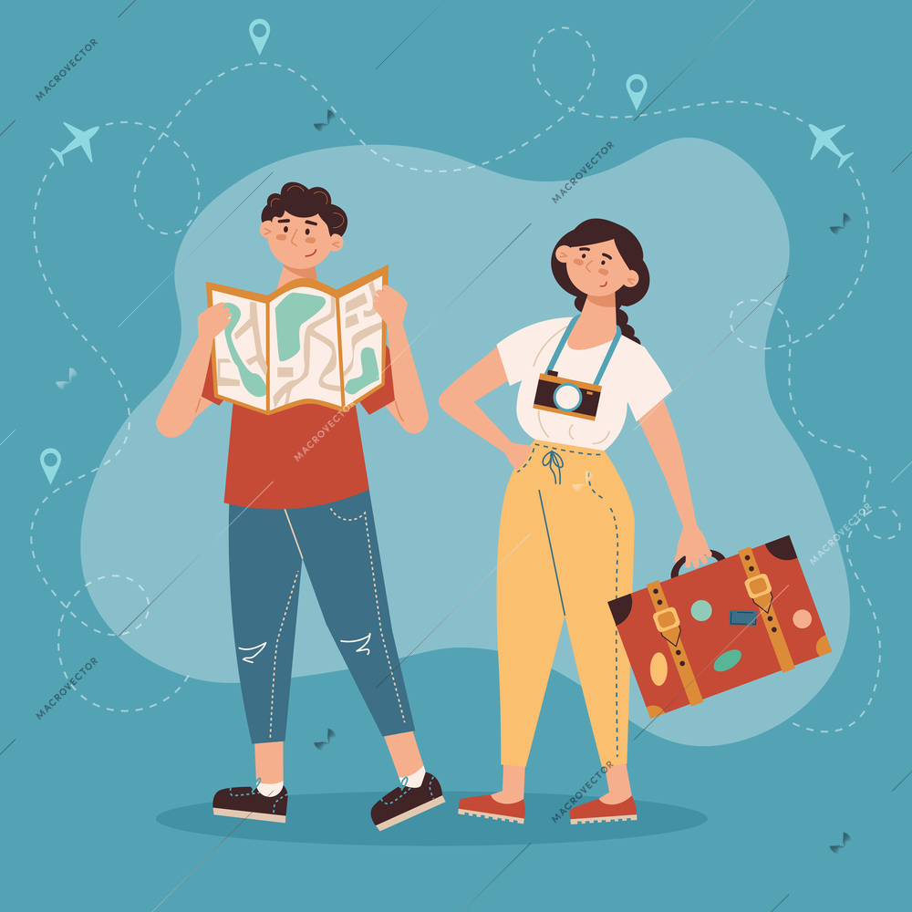 Vacation travel cartoon background image of young couple with retro suitcase camera looking at map vector illustration