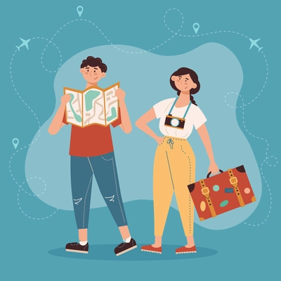 Vacation travel cartoon background image of young couple with retro suitcase camera looking at map vector illustration