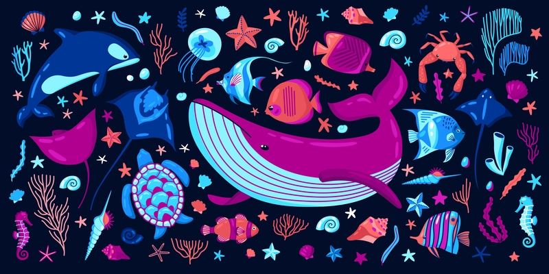 Colored marine life underwater on a dark background ocean flat vector illustration