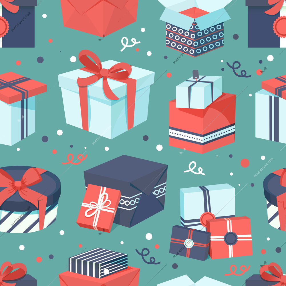 Blue white and red boxes and package gift container seamless pattern vector illustration