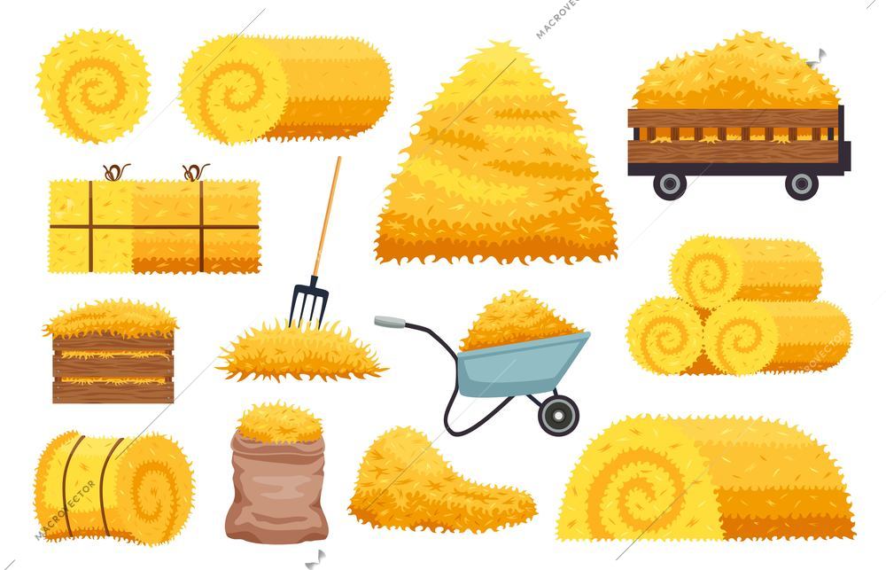 Set of isolated bales hay agricultural stacks with rolls sacks and pitchfork with wheeled cart image vector illustration