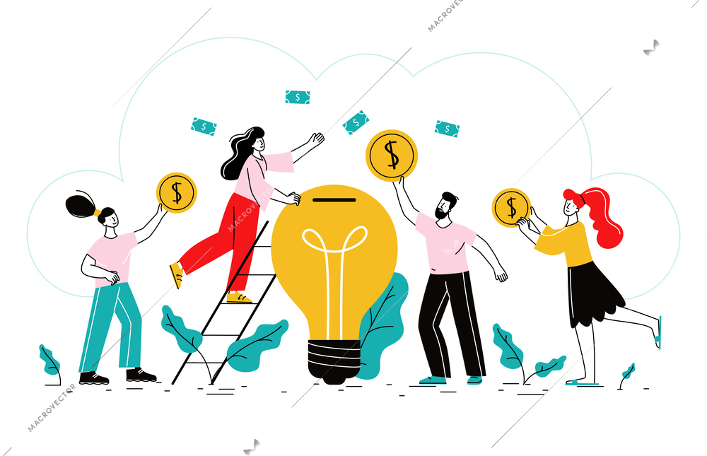 Crowdfunding flat background with business idea finance investors revenue and business growth symbols vector illustration