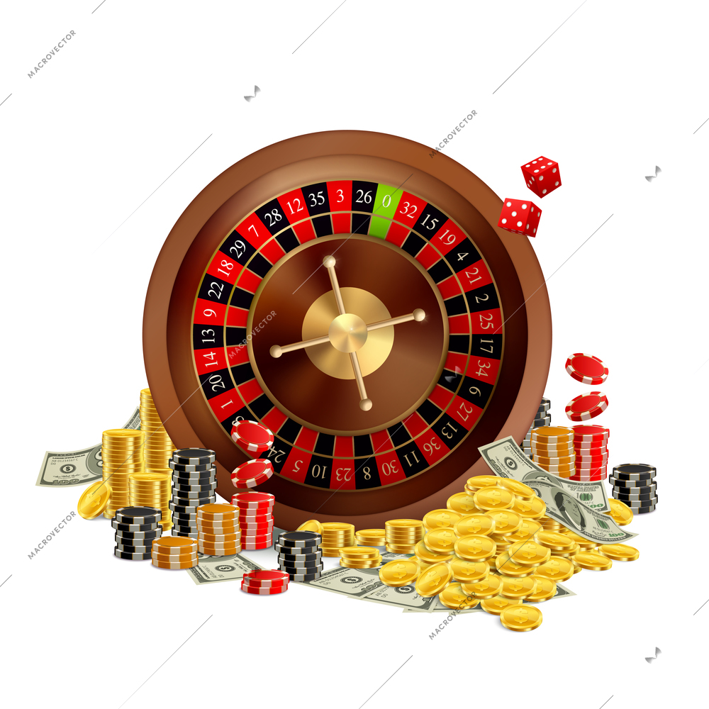 Casino realistic design concept with roulette wheel chips gold coins and dollar banknotes vector illustration