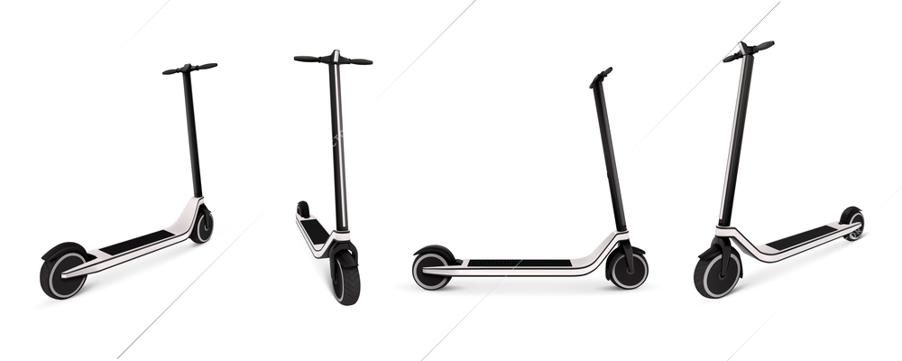 Side front and rear isolated views of electric kick scooter on white background realistic monochrome vector illustration