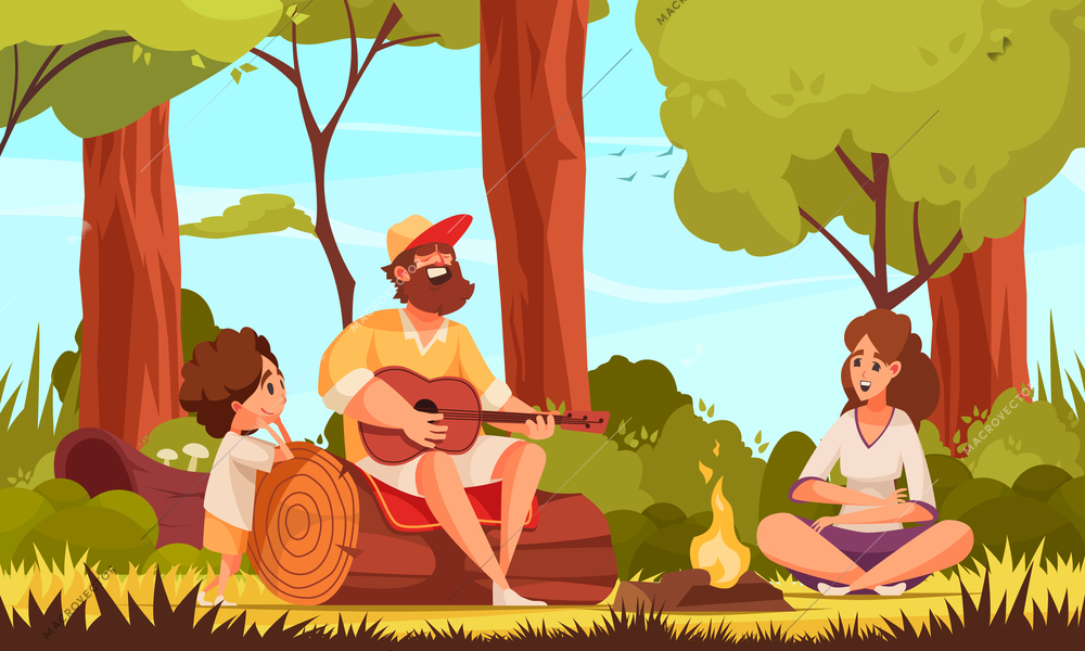 Hiking guitar composition with outdoor forest landscape and bearded man sitting on tree trunk playing music vector illustration