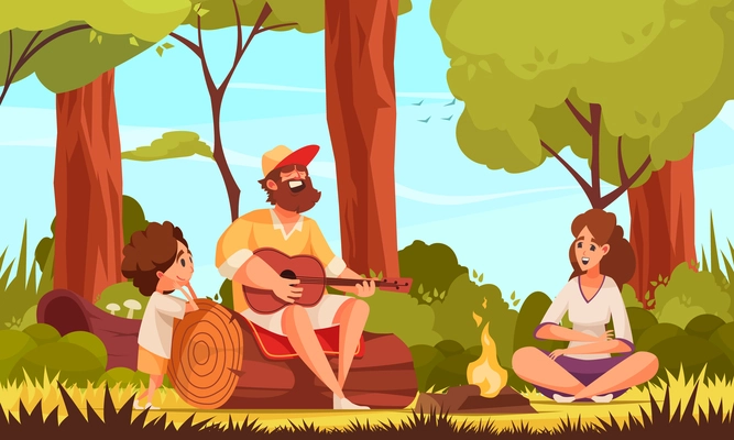 Hiking guitar composition with outdoor forest landscape and bearded man sitting on tree trunk playing music vector illustration