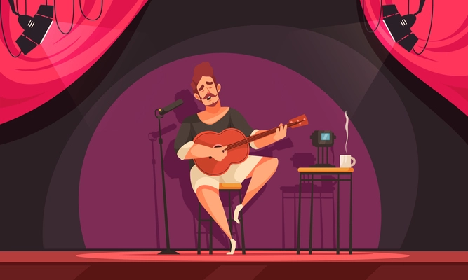 People playing guitar composition with view of stage with lighting and sitting man singing while playing vector illustration