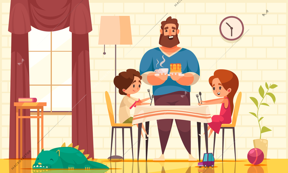 Dad son daughter composition with doodle father character bringing meal and drinks to children at table vector illustration