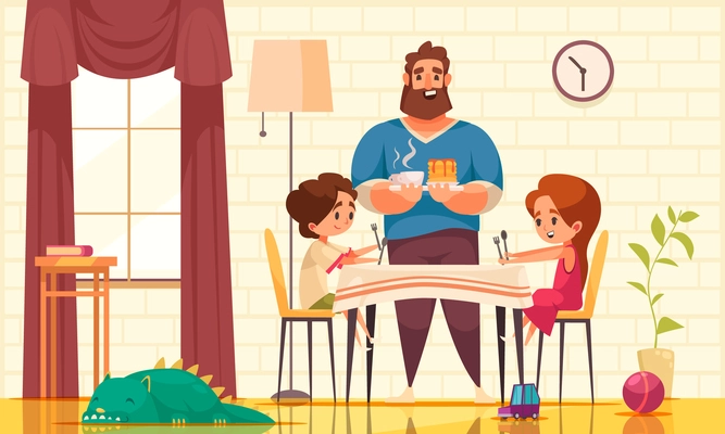 Dad son daughter composition with doodle father character bringing meal and drinks to children at table vector illustration