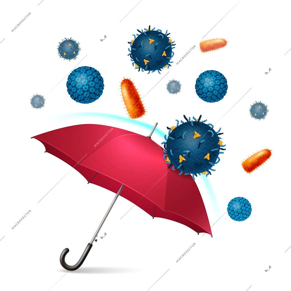 Red realistic umbrella composition with umbrella cane that protects against disease causing bacteria vector illustration