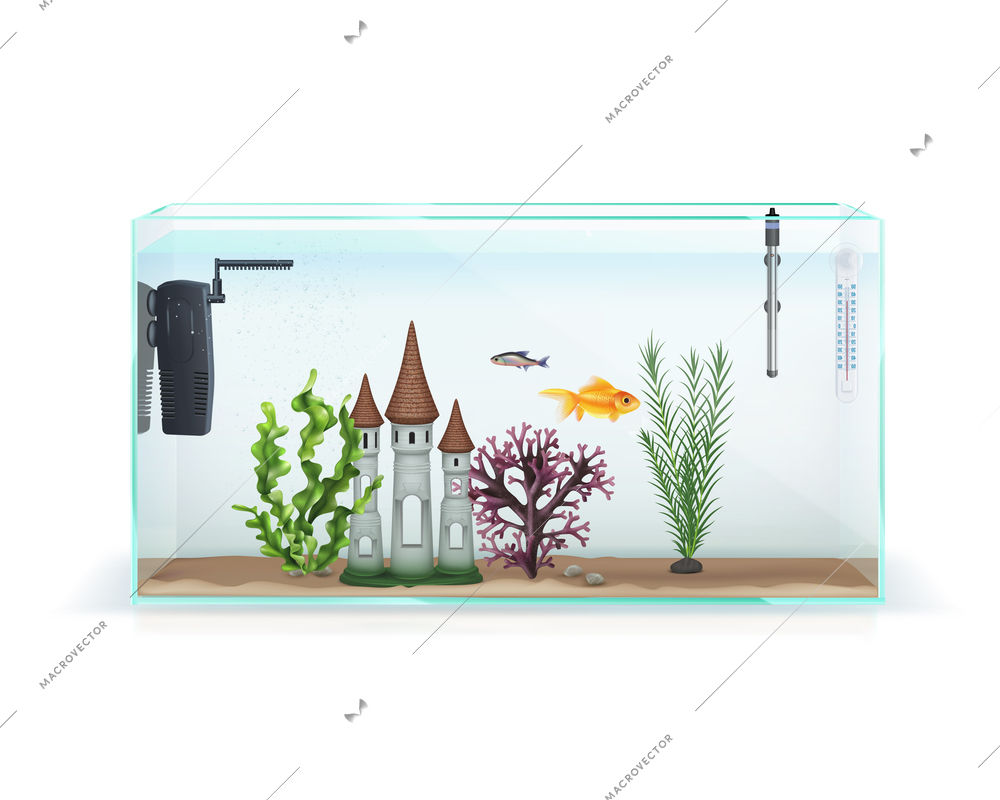 Rectangular glass aquarium with decorative castle aquatic plants air pump filter thermometer fish realistic composition vector illustration