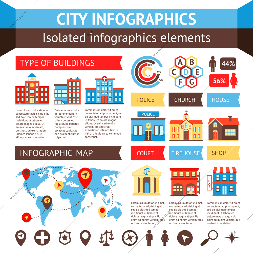 City government building infographic set with charts and world map vector illustration