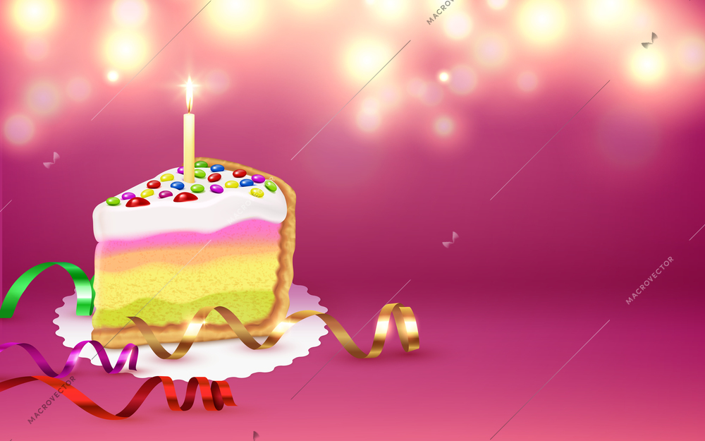 Cake piece serpentine burning candle festive birthday party accessories blurry lights mauve background realistic composition vector illustration