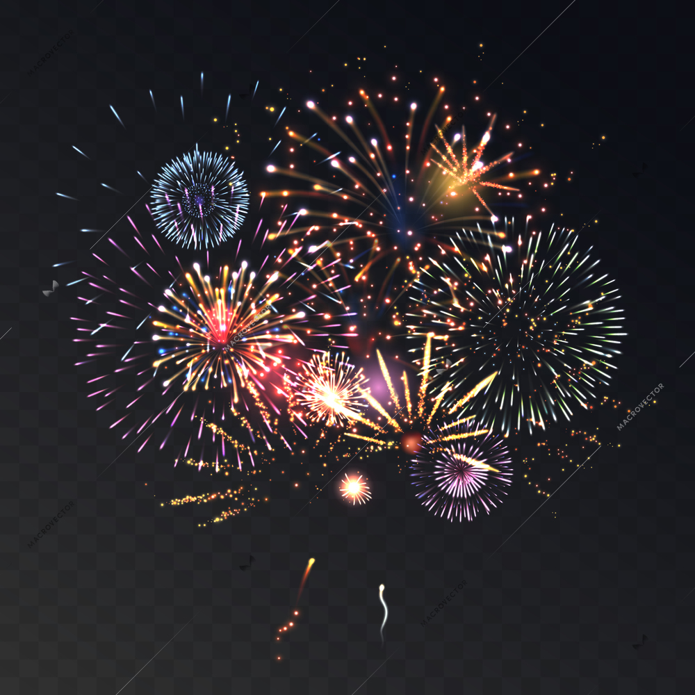 Firework animation realistic transparent concept with celebration symbols vector illustration