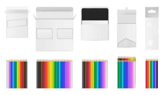 Colored bright multicolored pencils realistic set with blank packaging isolated vector illustration