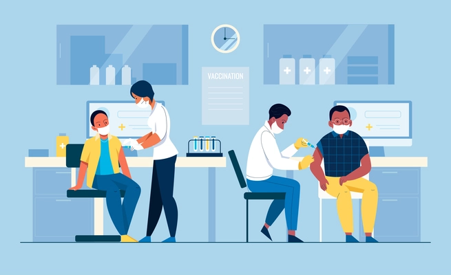 Male and female nurses giving injection to people during vaccination at doctors office flat vector illustration