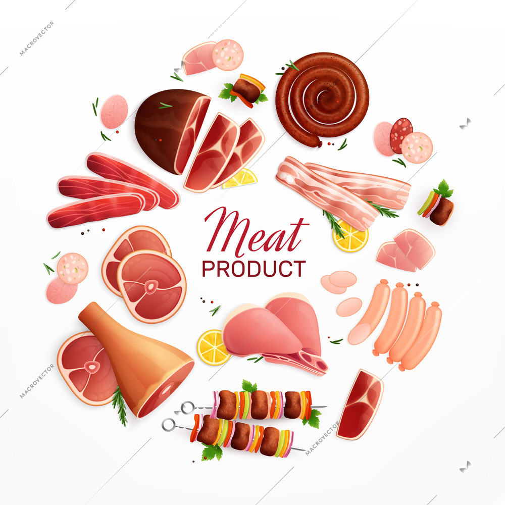 Meat products advertising promotion flat circular composition with ham steak sausages bacon meatloaf beef shank vector illustration