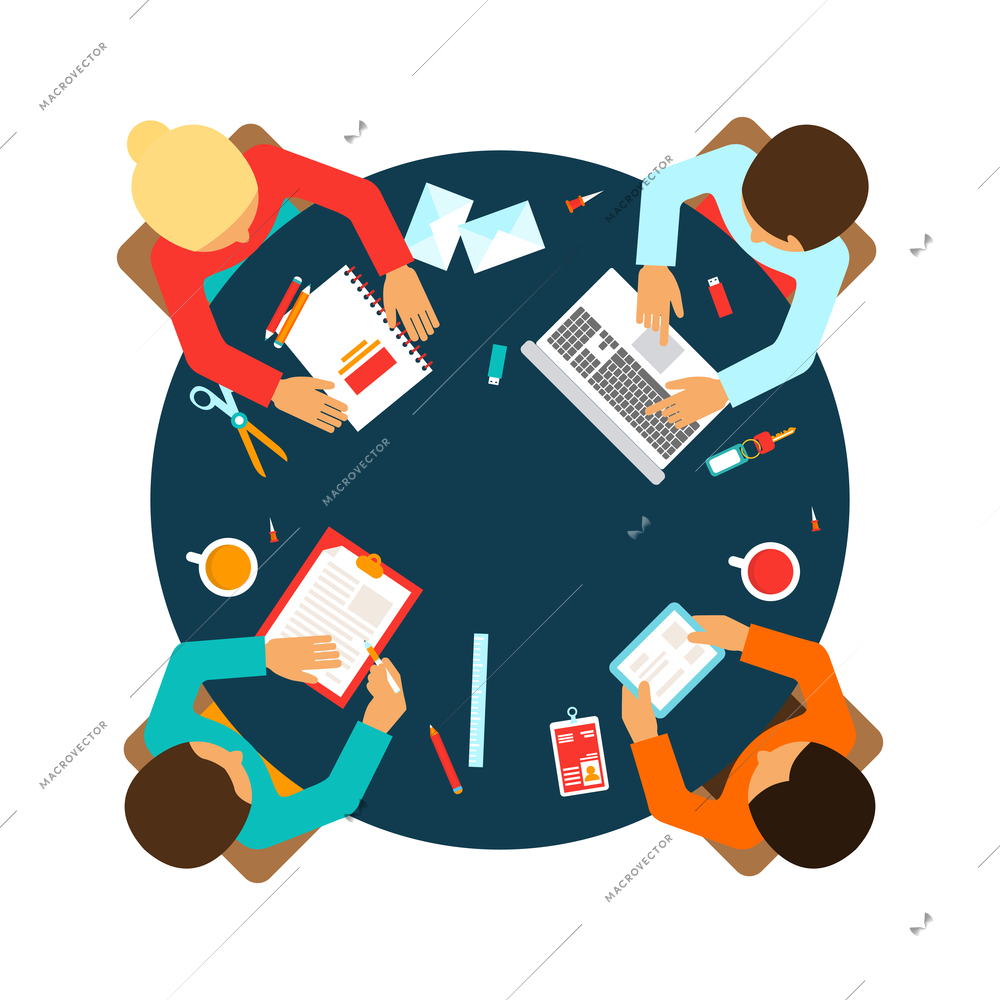Business men team office meeting concept top view people on table vector illustration