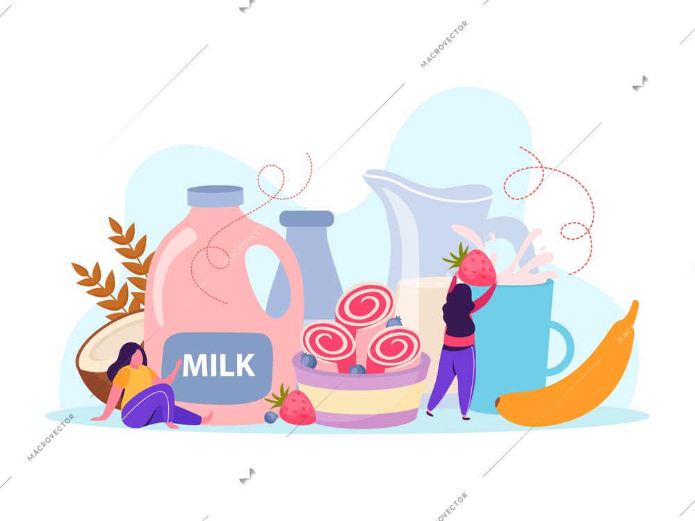 Flat composition with bowl of ice cream bottle jar cup of milk banana berries coconut vector illustration