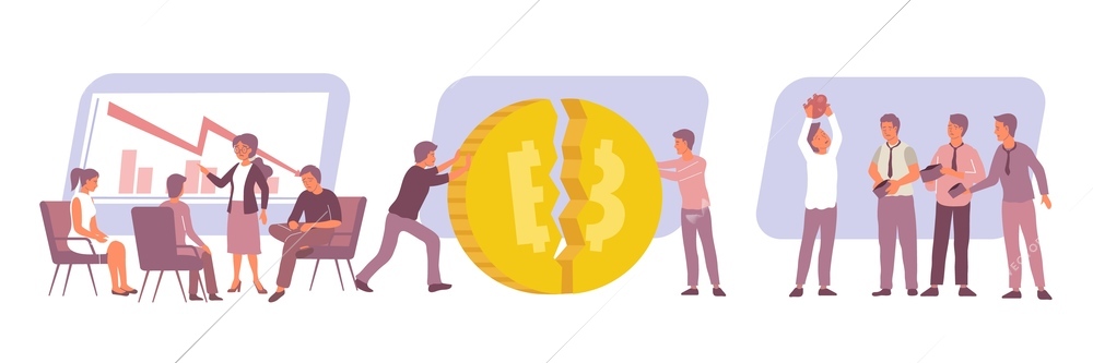 Economic crisis flat composition with frustrated bankrupt men and women isolated vector illustration