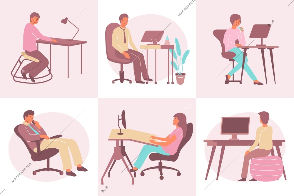 Ergonomic furniture flat compositions set with men and women working while sitting on comfortable modern chairs isolated vector illustration