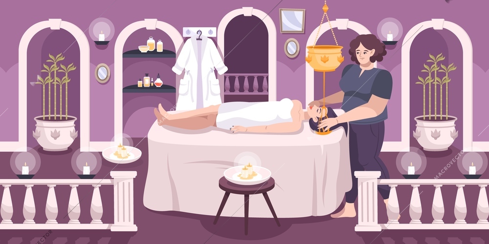 Alternative holistic medicine oil massage treatment performed by ayurvedic practitioner flat composition spa studio background vector illustration