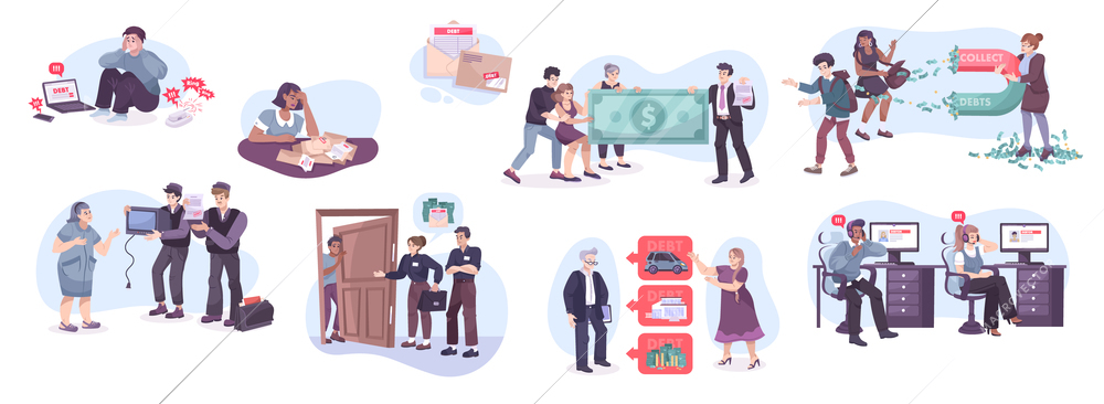 Bank lending service concept flat compositions set with credit interest rate loan repayment debt collector vector illustration